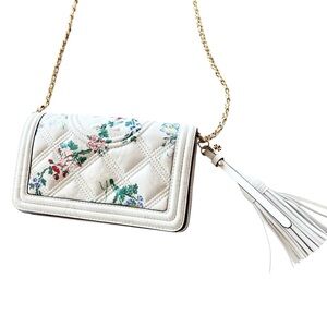 Tory Burch Quilted Floral White Leather Crossbody Bag with Tassel